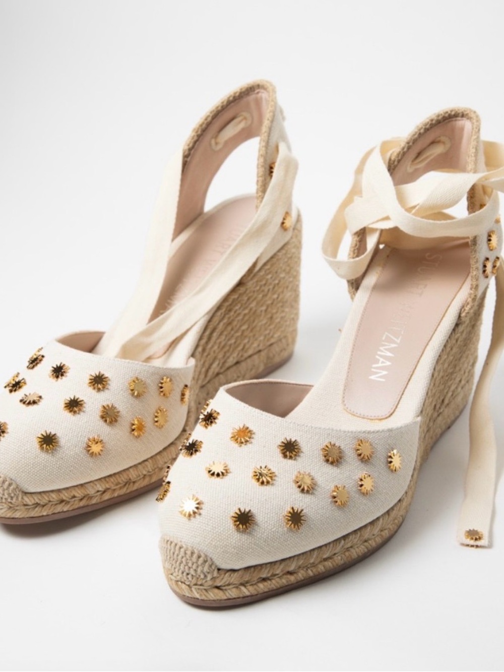 Stuart Weitzman Cream Espadrille Wedges with Gold Star Studs